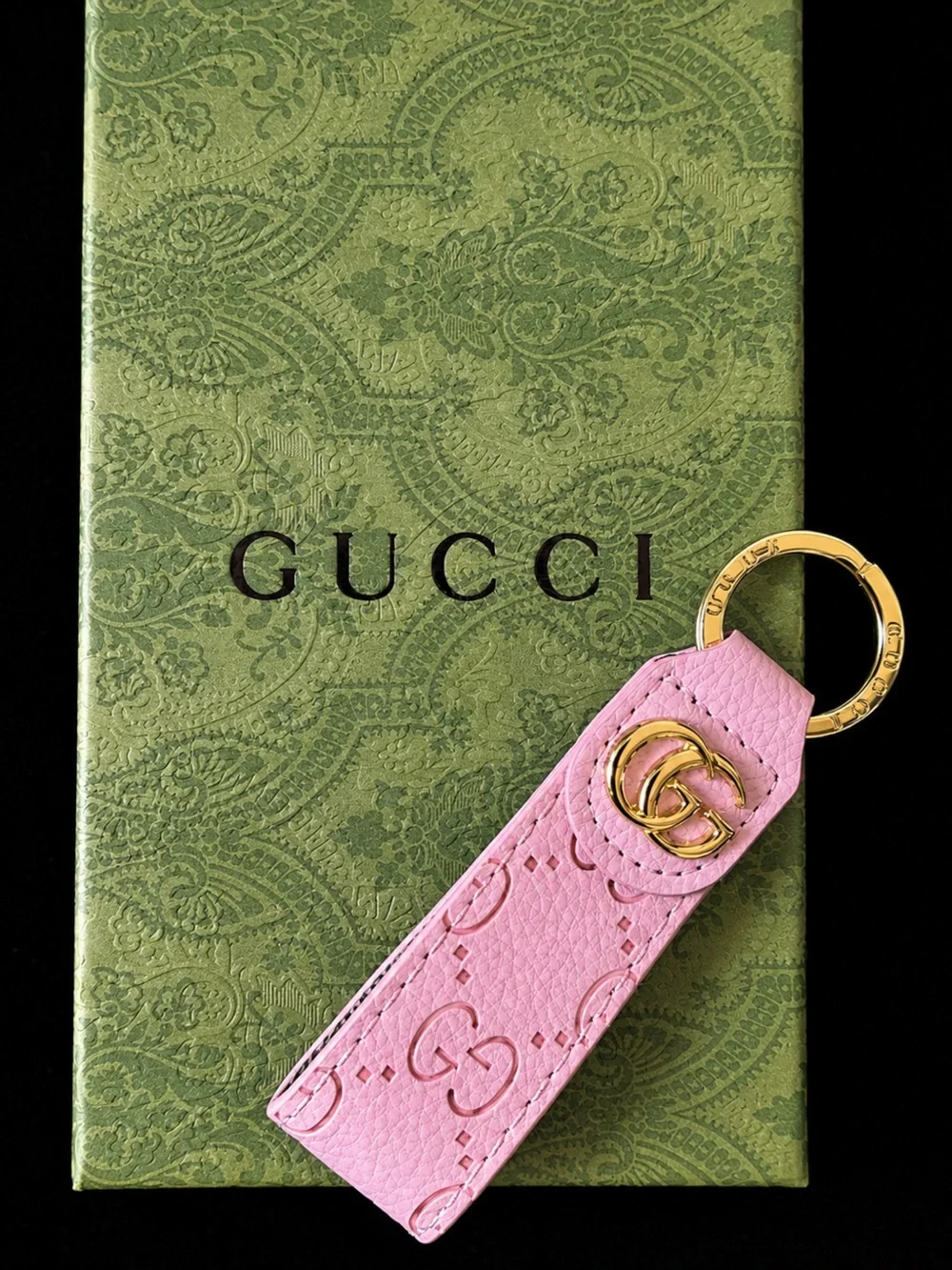 IN BOX Gucci Pink Leather Key Strap with Gold Double G Ring